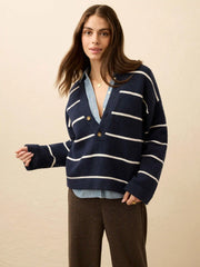 Jackson V Neck Popover - Norman Navy Stripe