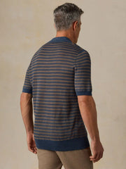 Short-Sleeve Linen Sweater Polo - Navy Cedar Stripe