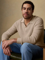 Long-Sleeve Sunwashed Sweater Polo - Natural