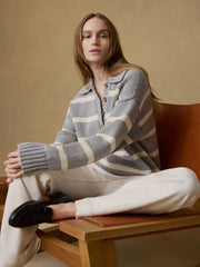 Sunwashed Cotton Polo Sweater - Grey Heather Stripe