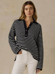 Miramar Linen Relaxed Polo - Black Reef Stripe