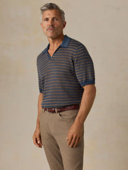 Short-Sleeve Linen Sweater Polo - Navy Cedar Stripe