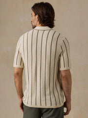 Short-Sleeve Sweater Shirt - Cream Walnut Stripe