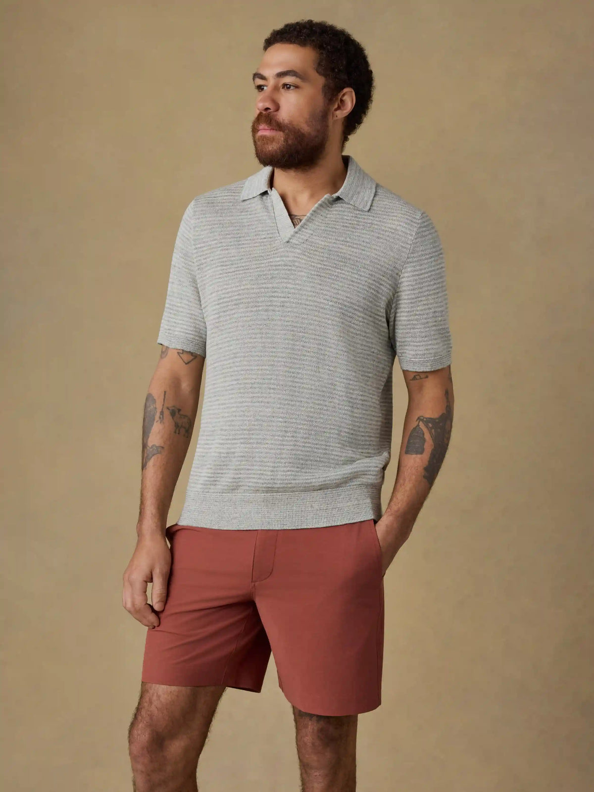 Short-Sleeve Linen Sweater Polo - Beach Tree Stripe