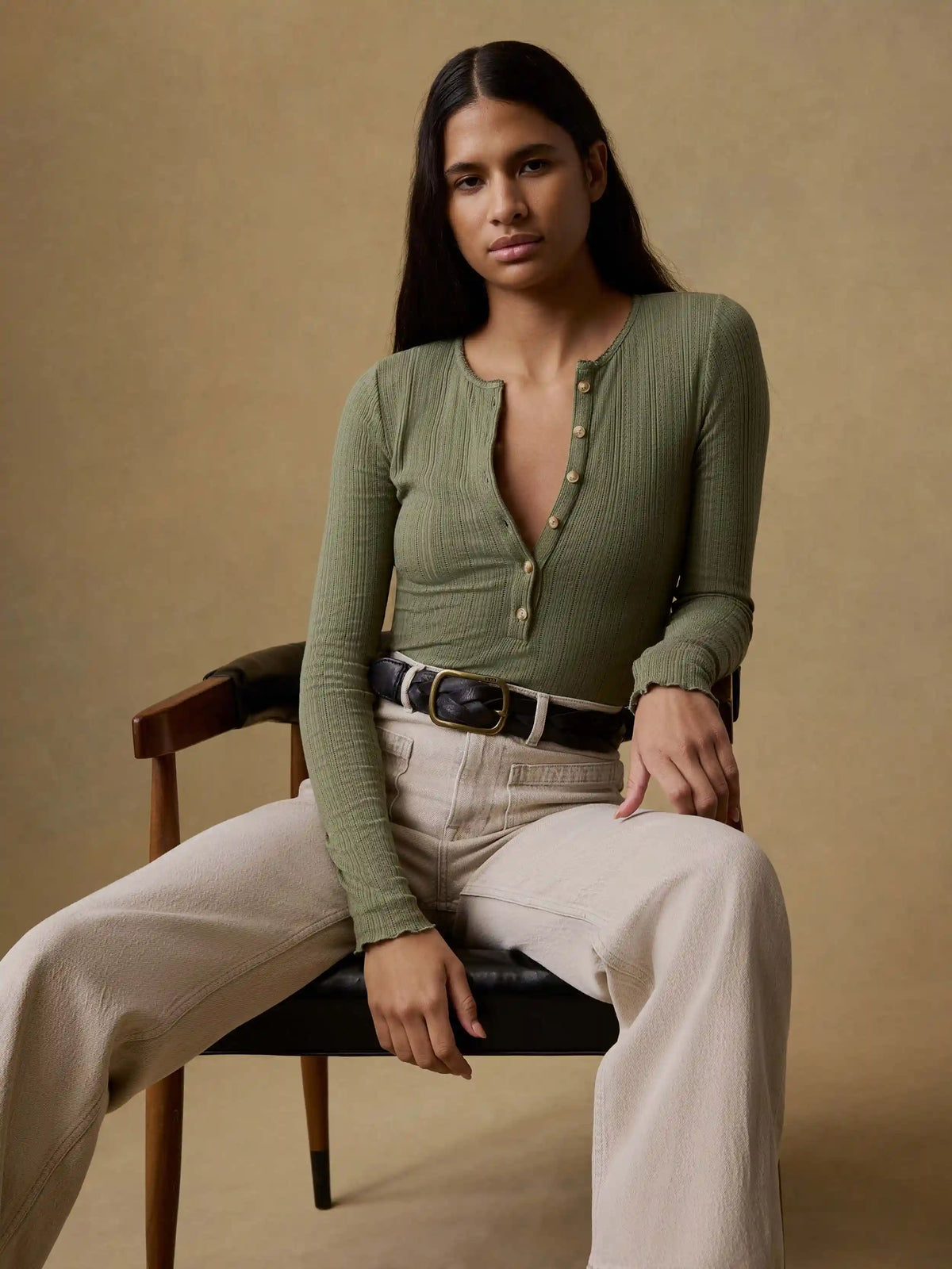 Paradise Pointelle Henley - Island Olive