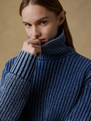 Sunwashed Cotton Oversized Turtleneck Sweater - Windcliff Indigo Wash