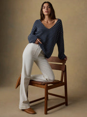 Miramar Linen Deep V-Neck Sweater - Navy Stripe