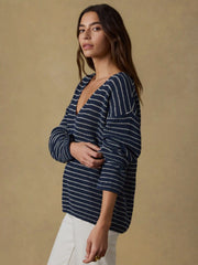 Miramar Linen Deep V-Neck Sweater - Navy Stripe