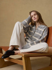 Sunwashed Cotton Polo Sweater - Grey Heather Stripe