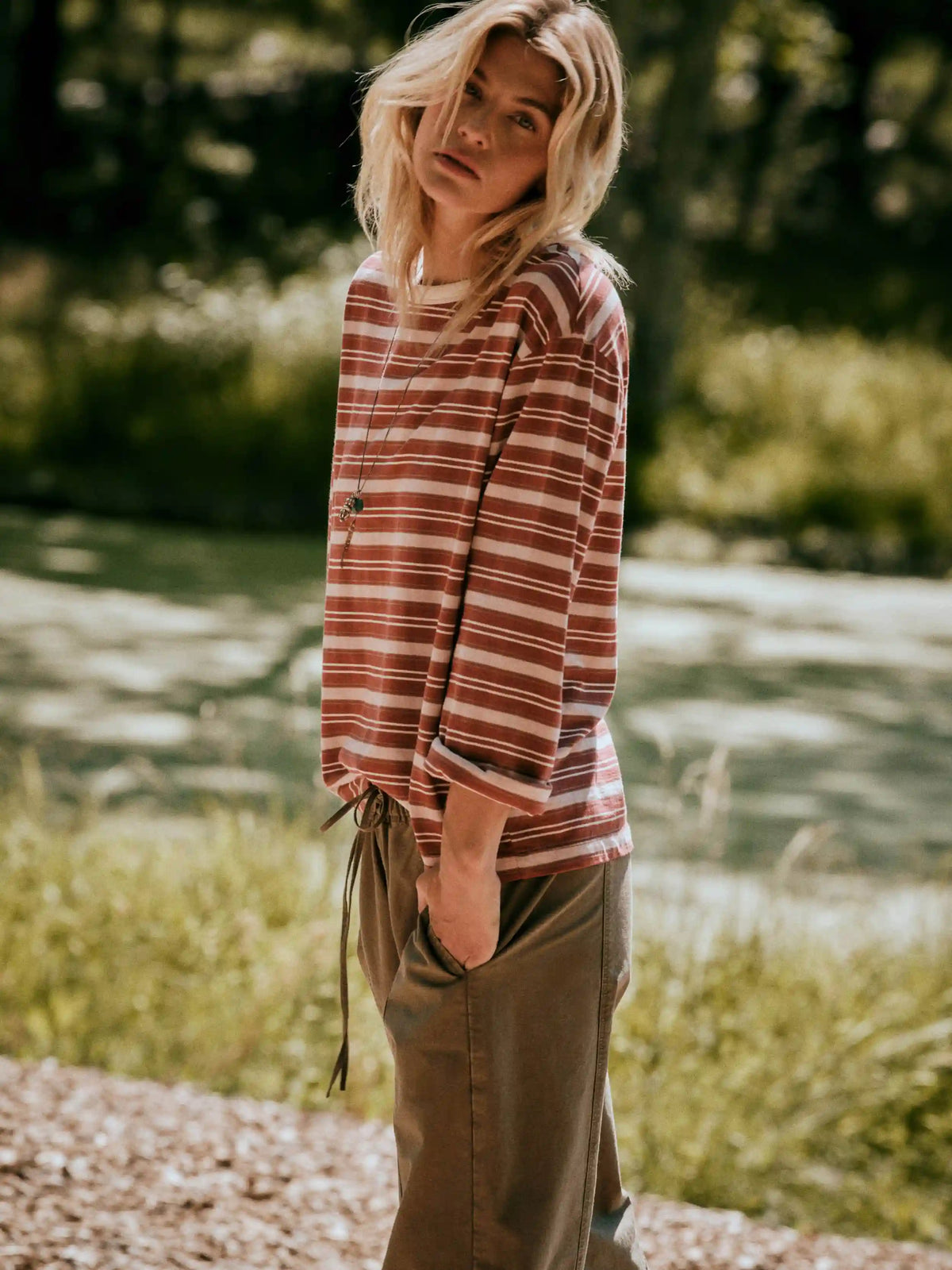 Sunwashed Long-Sleeve Retro Tee - Rosewood Stripe